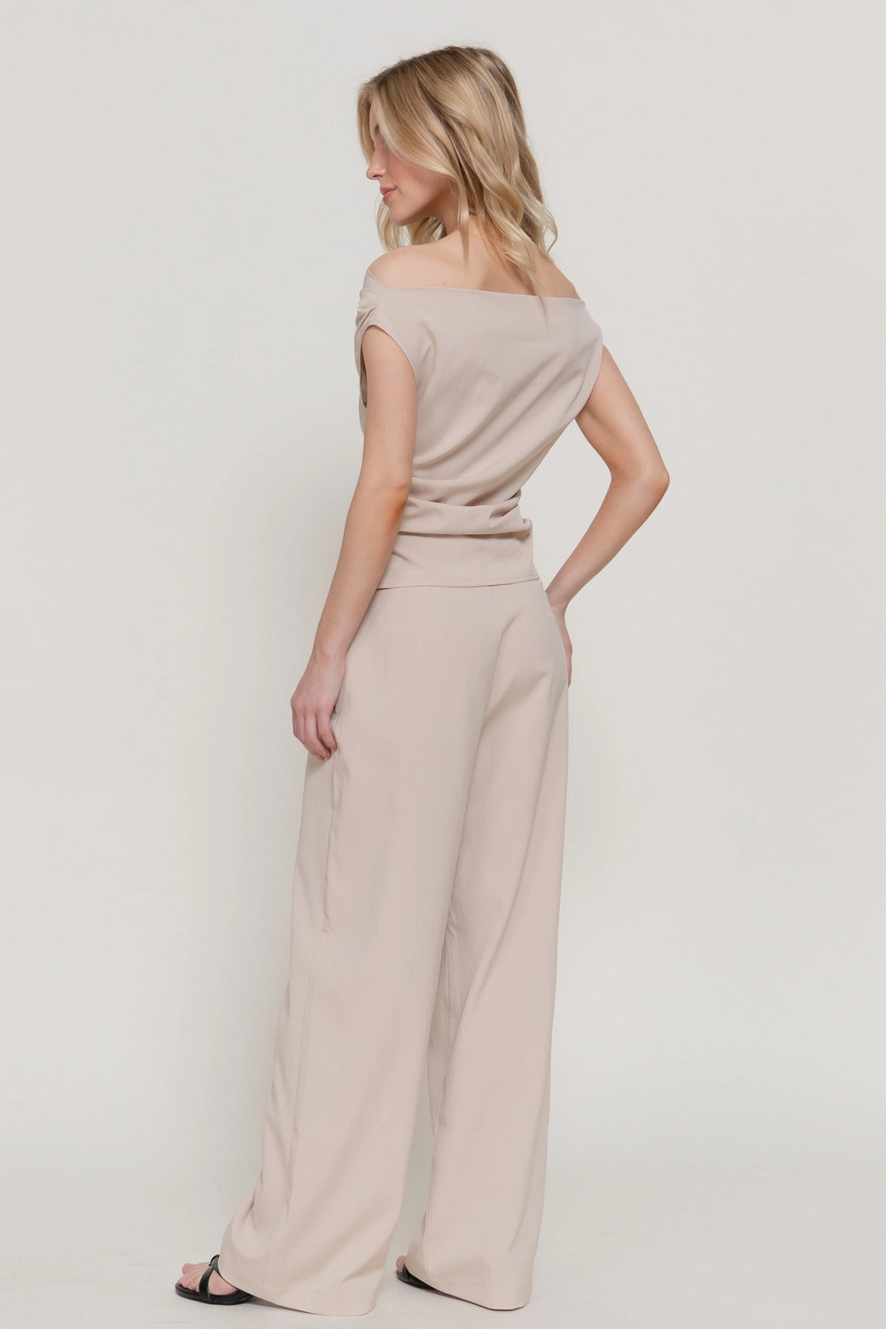 Textured Off-the-Shoulder Ruched Pant Set
