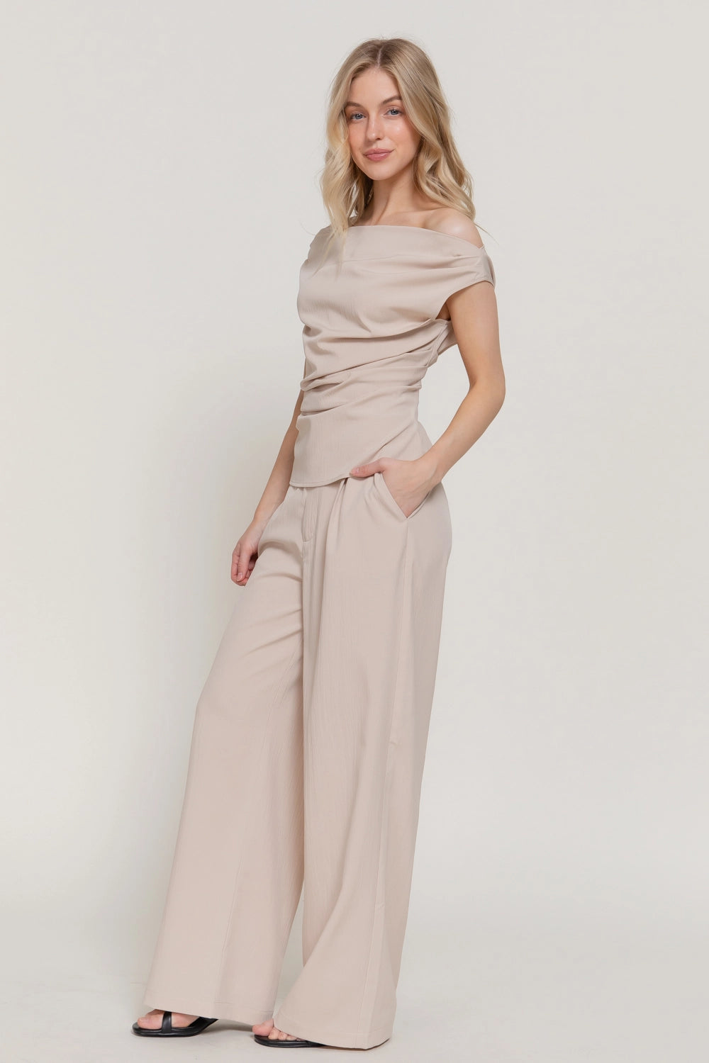 Textured Off-the-Shoulder Ruched Pant Set