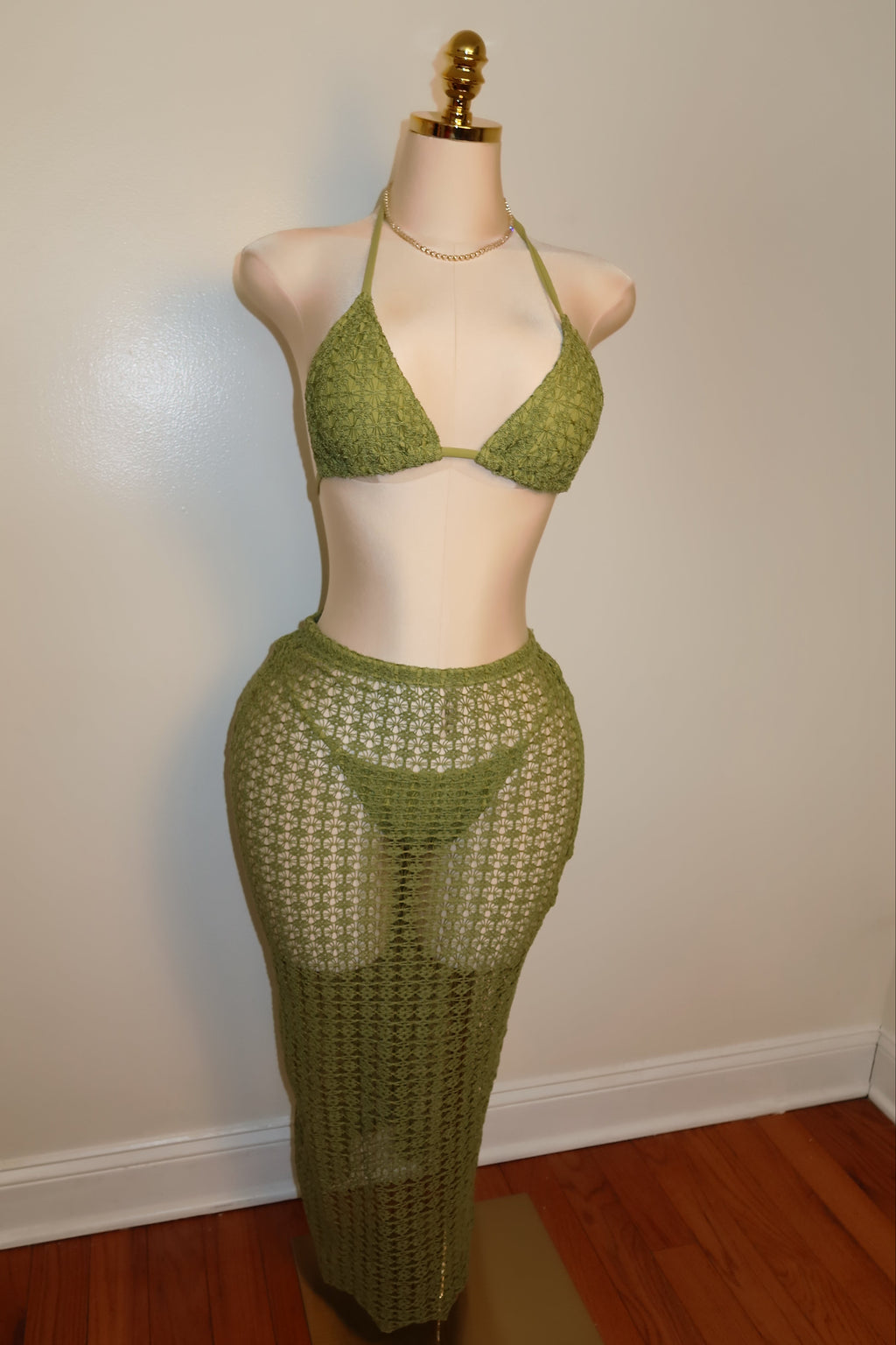 The Amazonite 3-Piece Bikini & Cover-Up Set - Olive